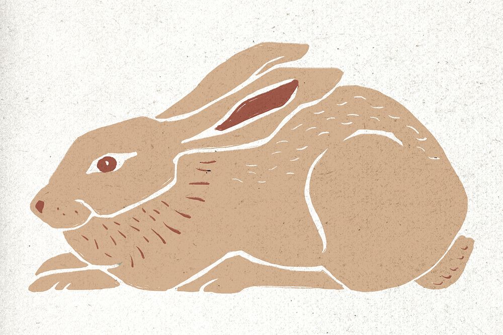 Beige rabbit psd vintage linocut illustration