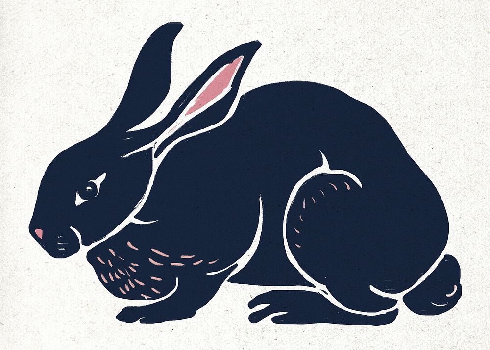 Navy blue rabbit vintage linocut illustration