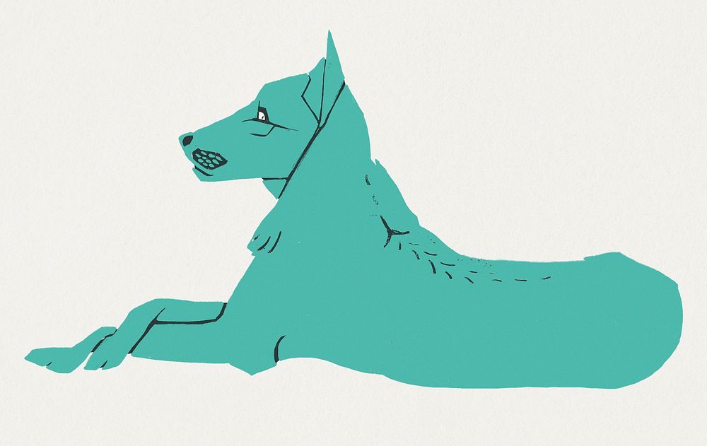 Linocut turquoise dog  animal vintage drawing