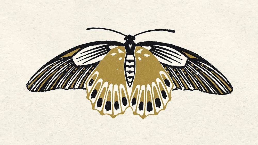 Gold black moth vector vintage linocut clipart