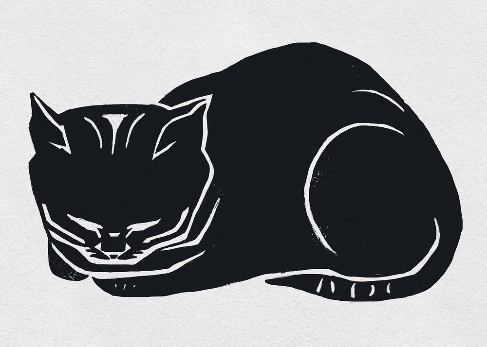 Vintage black cat psd linocut stencil clipart