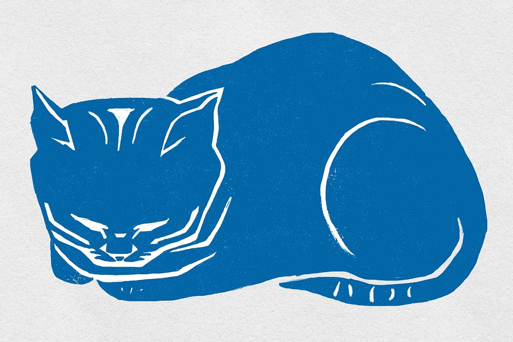 Vintage blue cat psd animal hand drawn clipart