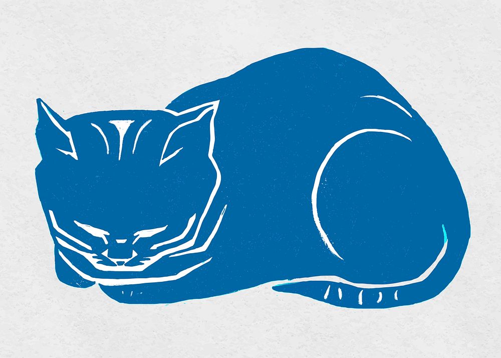 Vintage blue cat vector animal hand drawn clipart