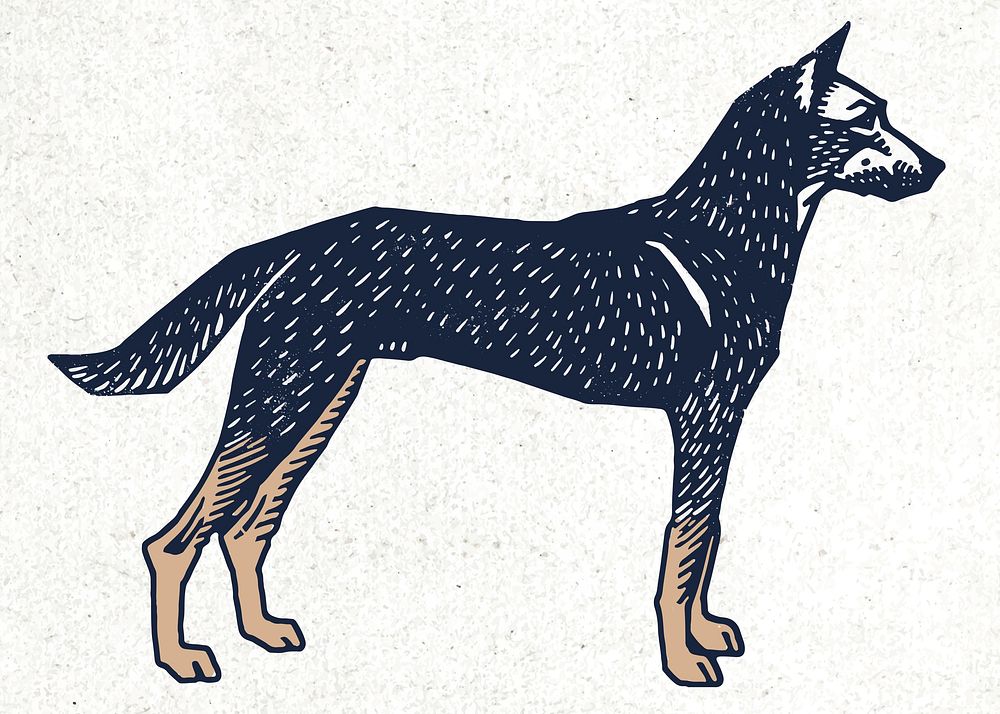 Retro linocut dog vector hand drawn illustration