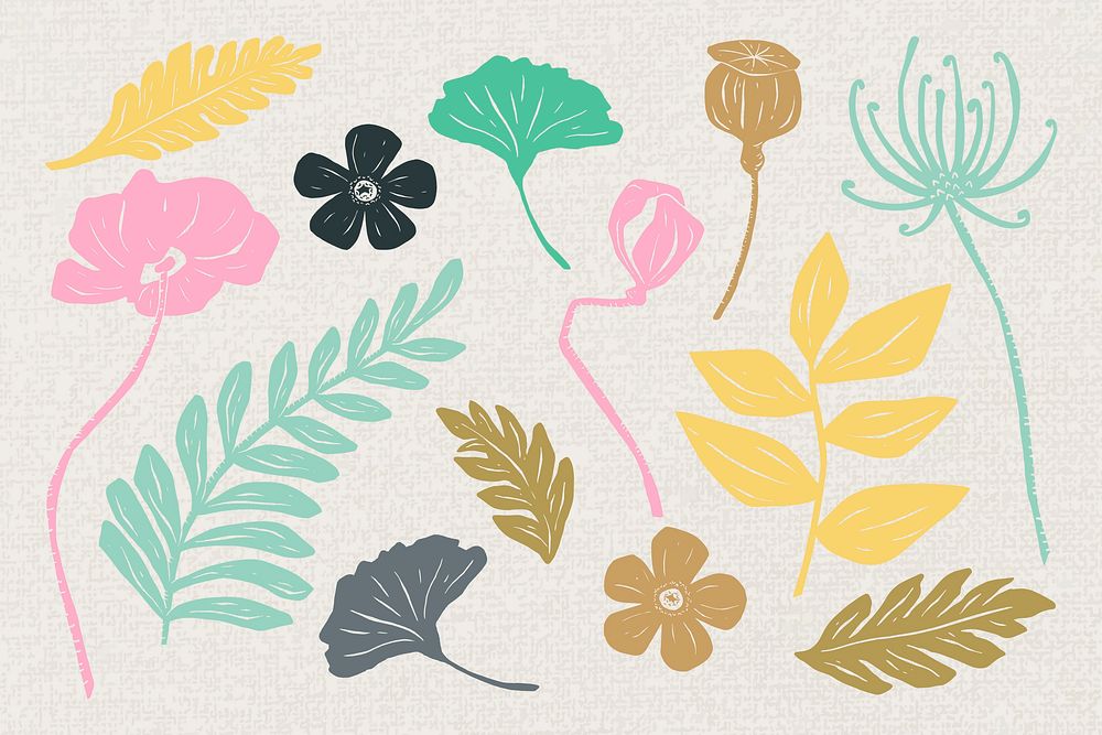 Vintage blooming flowers vector linocut style illustration collection