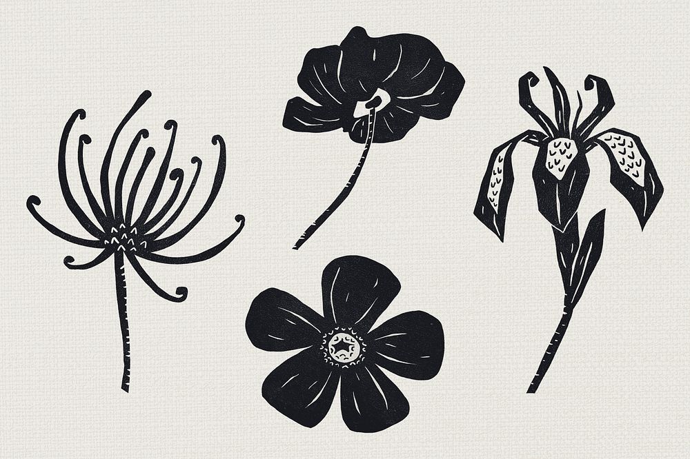 Black flowers psd linocut hand drawn botanical collection