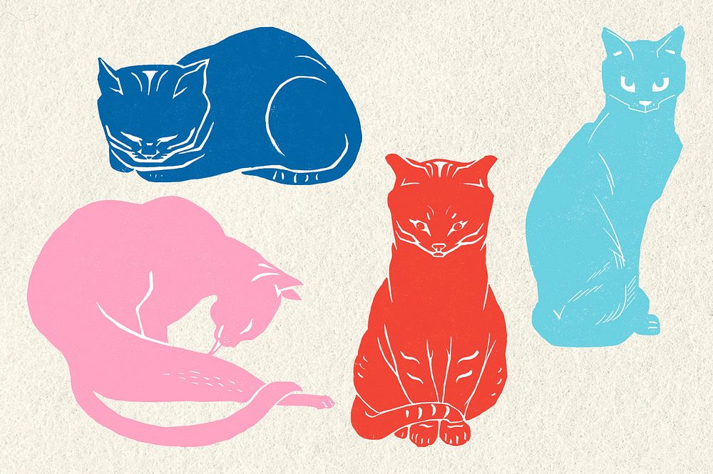 Retro cats psd colorful linocut set