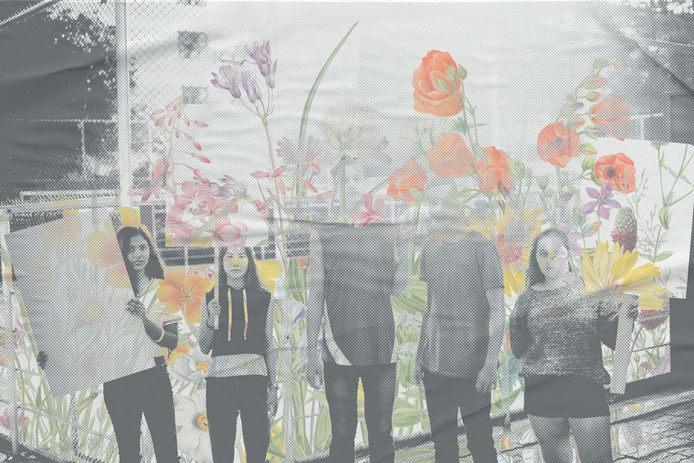 Diverse students protesting on human rights day floral pop remix background