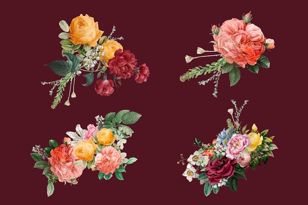 Vintage colorful flowers bouquet vector watercolor illustration set