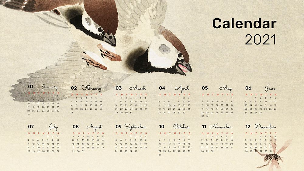 Calendar 2021 printable set ring sparrows in snow remix from Ohara Koson