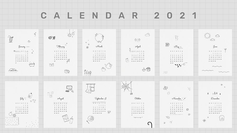 Calendar 2021 printable template vector monthly set cute doodle drawing