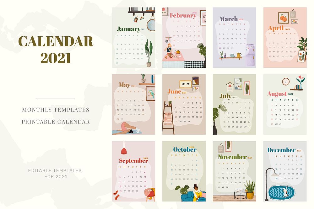 2021 calendar printable template vector monthly set  hand drawn lifestyle