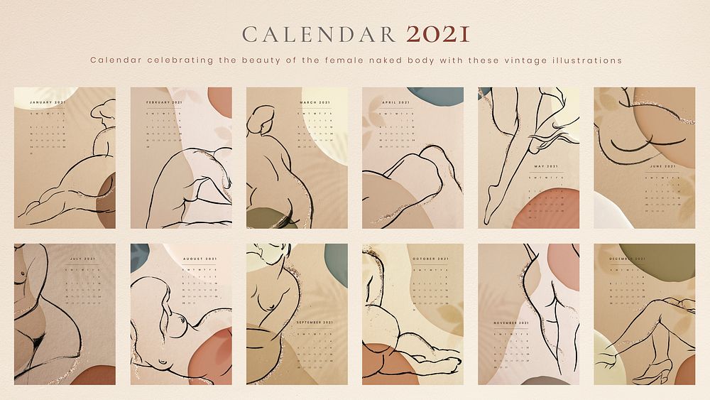 Calendar 2021 printable template vector set sketched nude lady background