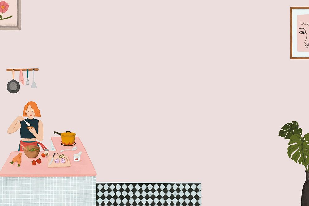 Girl cooking pink background vector cute lifestyle drawing