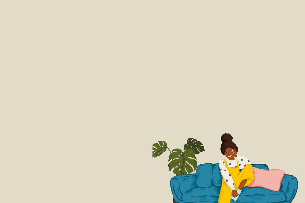 Girl on couch green background vector cute lifestyle drawing