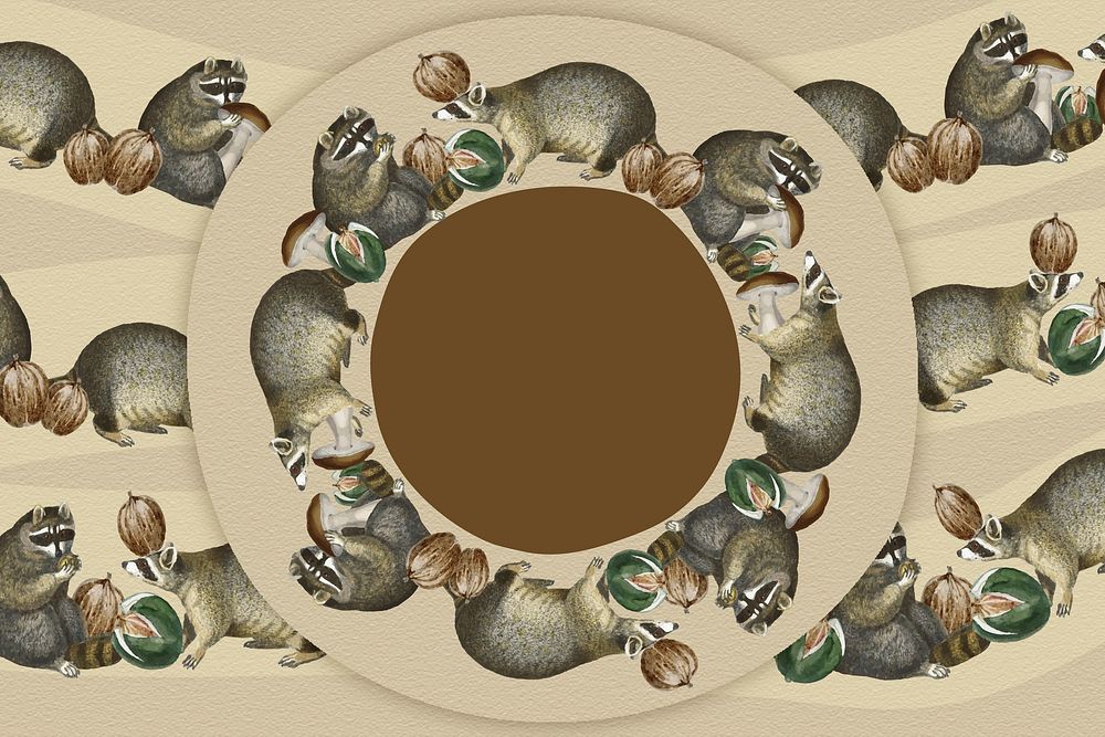Raccoon pattern circle frame vector eating nuts in a nest
