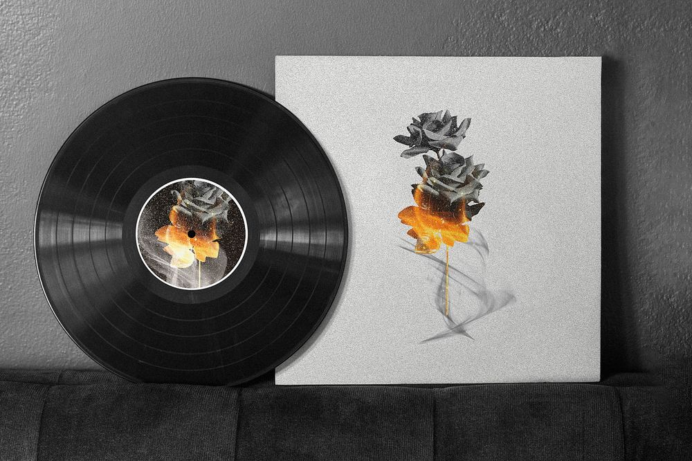 Retro black vinyl cover with burning rose