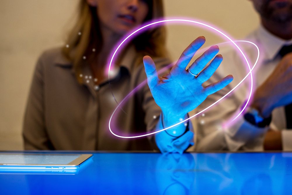 Psd woman touching a holographic interface smart technology 