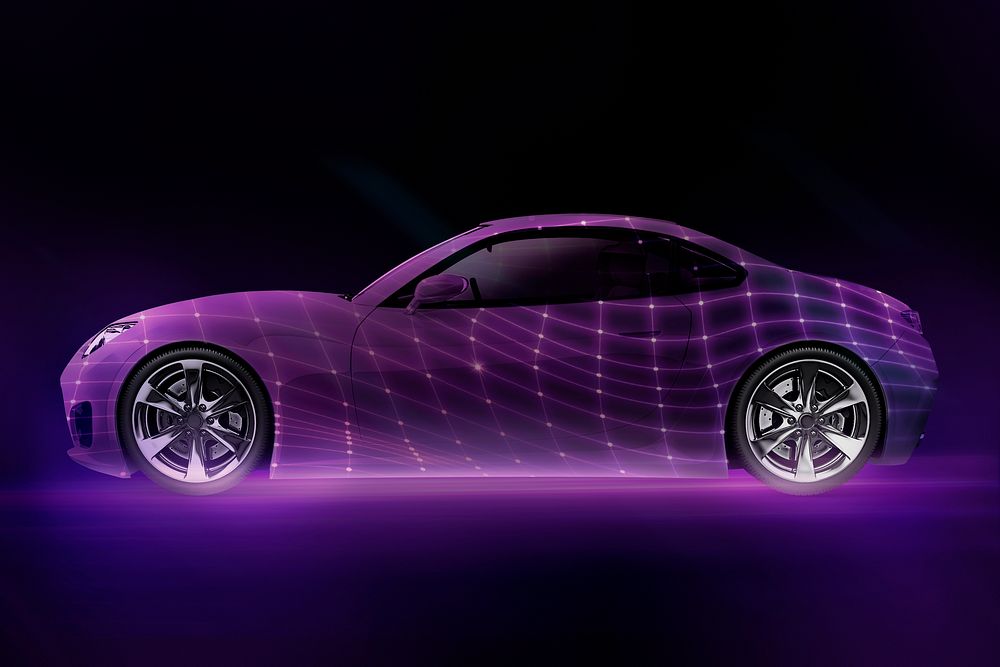 Purple 3d sports car render hologram psd smart car technology