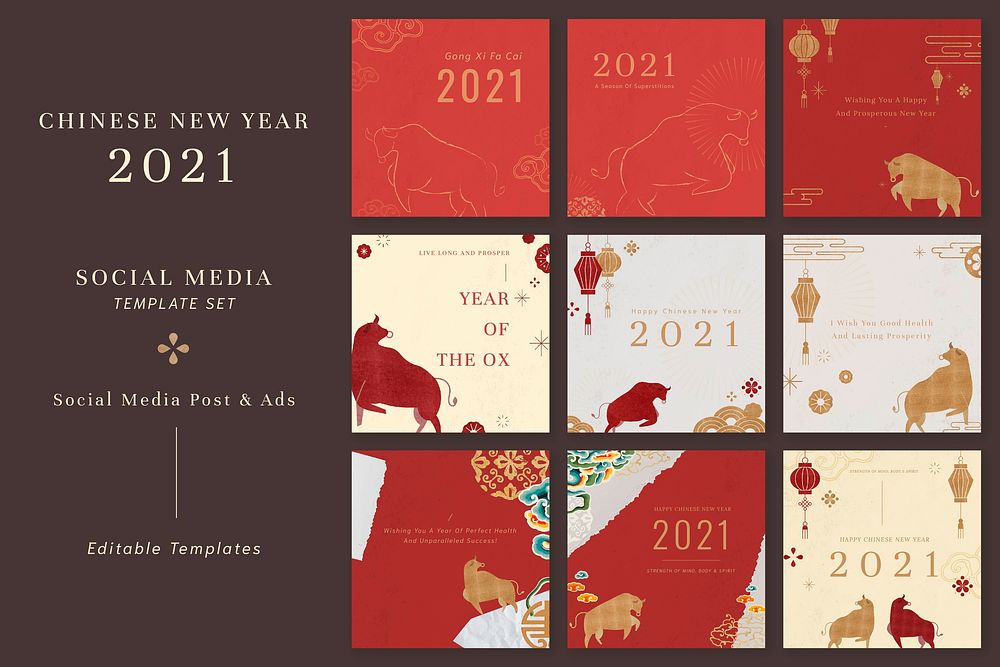 Chinese New Year file templates greeting 2021 social media post set