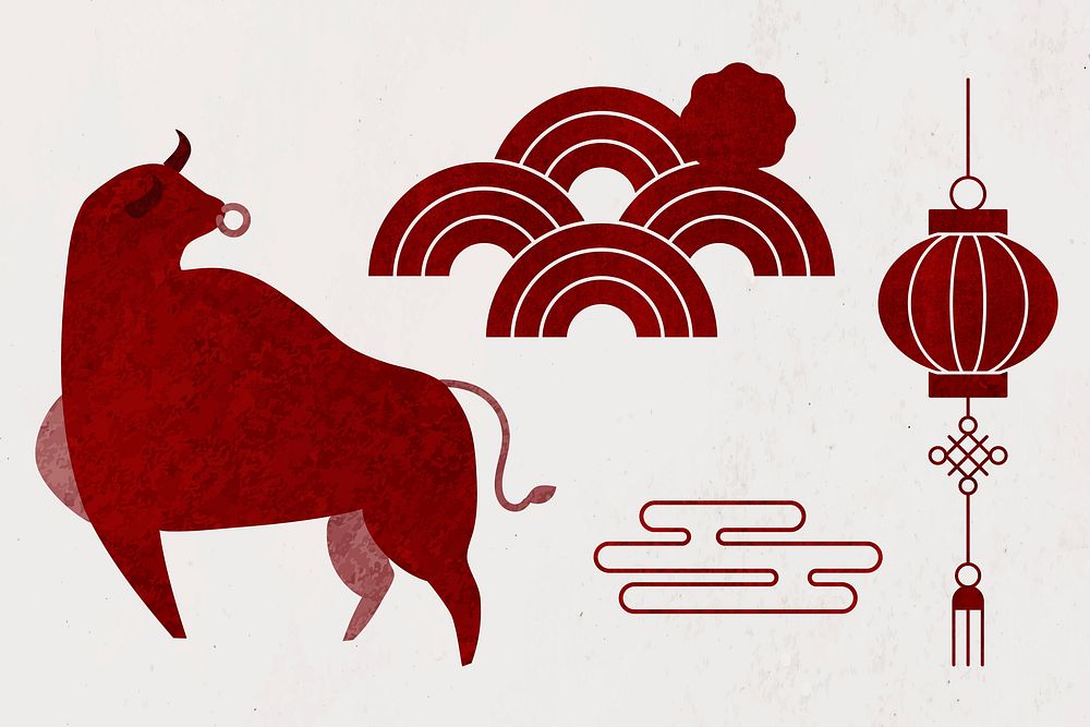 Chinese Ox Year red vector design elements set