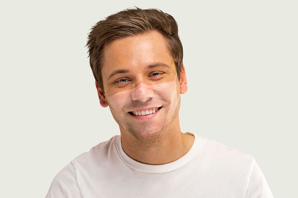 Man face with mask tan line on white background