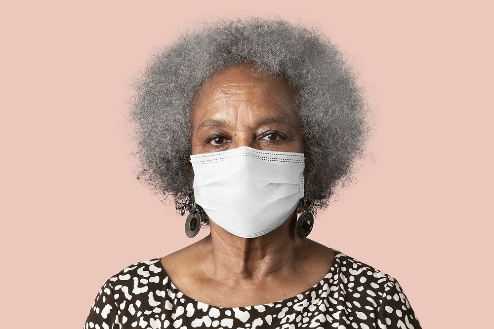 Elderly woman wearing mask psd mockup for Covid-19 prevention campaign