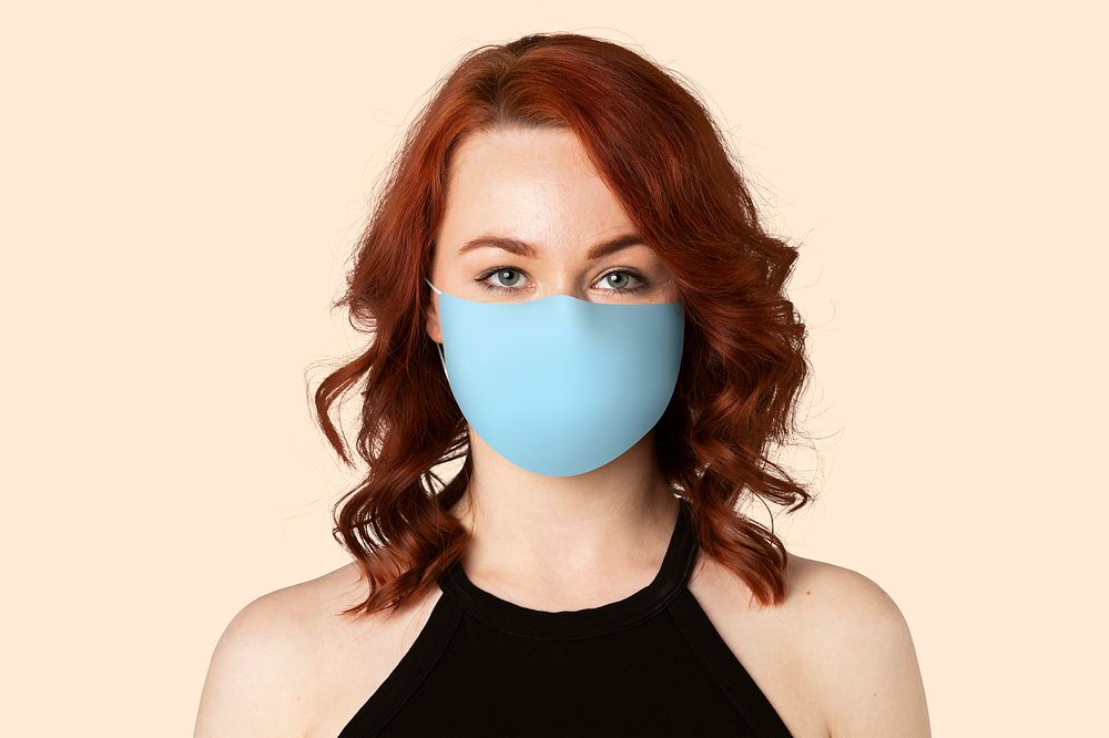 Blue mask mockup on woman psd Covid-19 prevention photoshoot