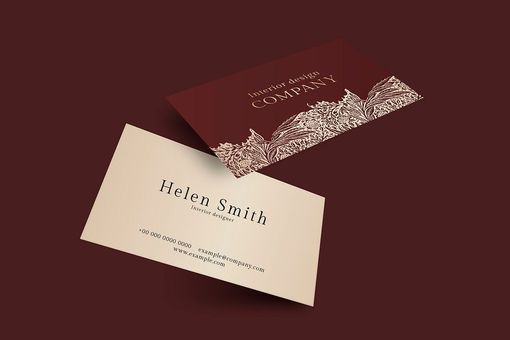 Luxury business card mockup vector in red and gold tone with front and rear view