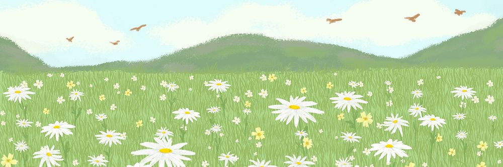 Blooming daisy field psd background with mountain email header