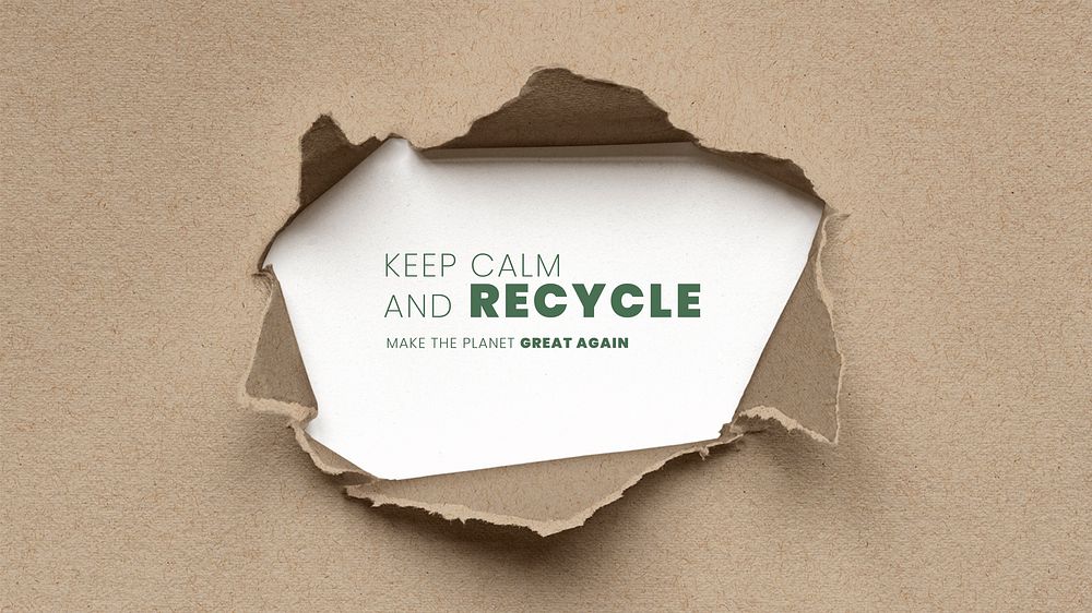 Keep calm and recycle text on ripped brown paper craft background