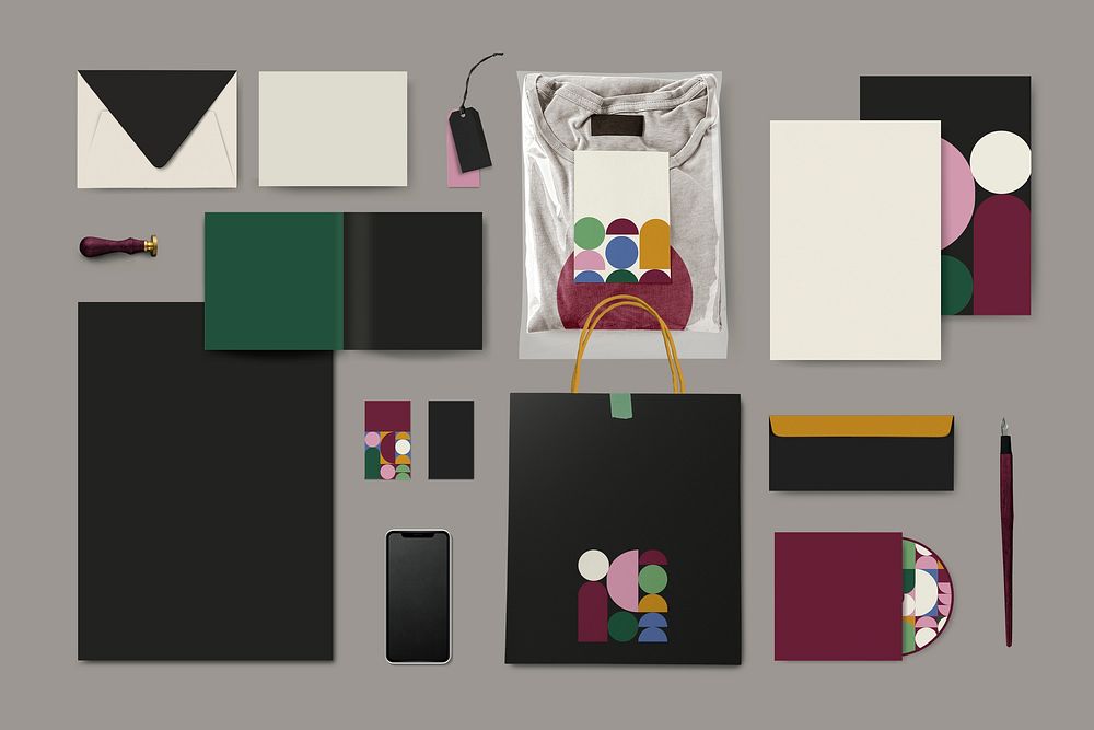 Corporate identity materials flat lay in retro style for fashion brands set