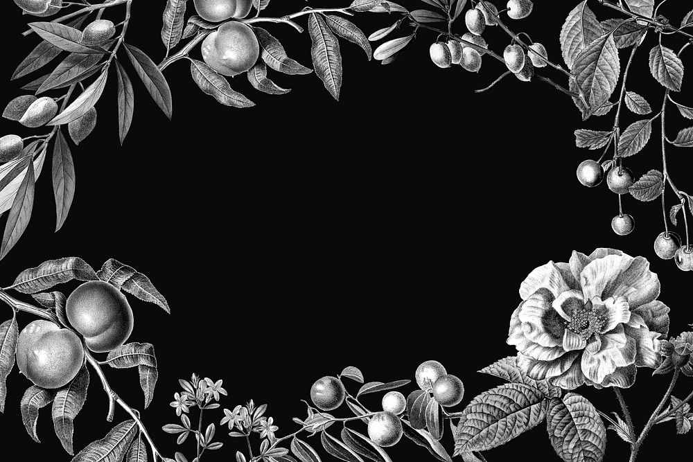 Rose frame psd vintage botanical illustration and fruits on black background