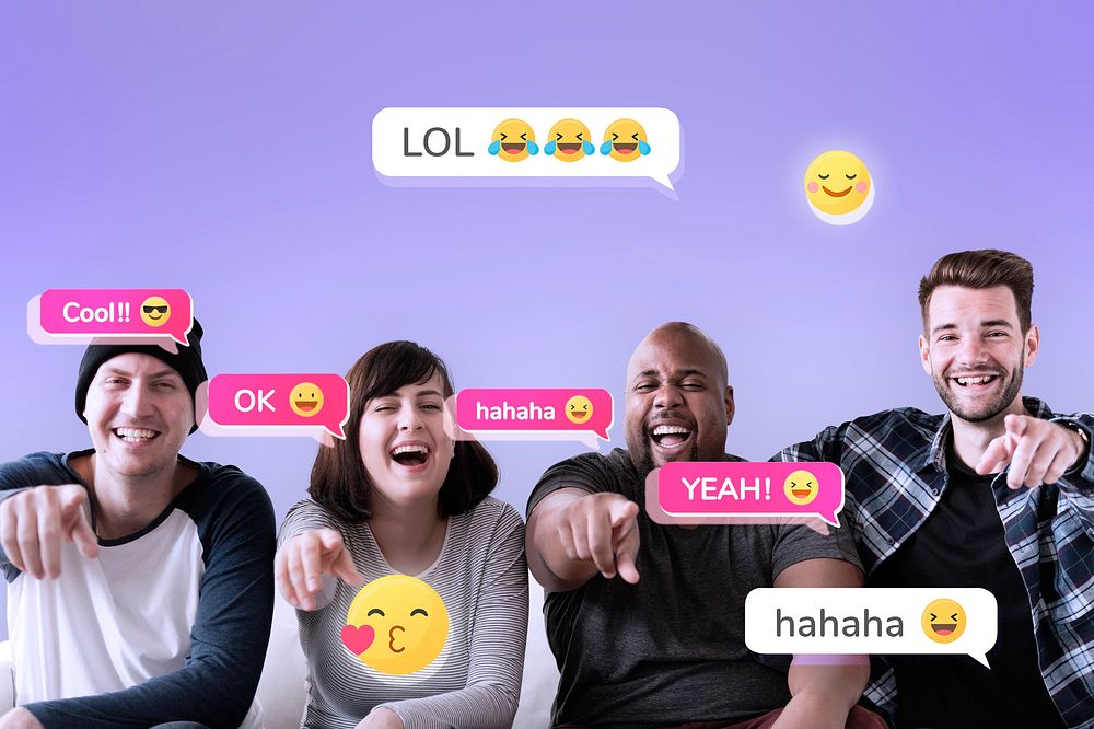 Group of friends laughing and pointing at social media funny reactions