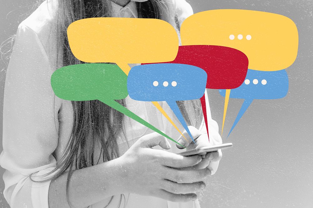 Colorful speech bubbles teenager texting for social addiction campaign