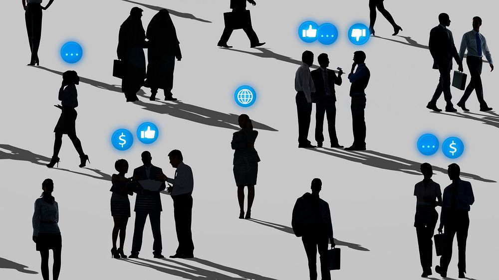 Business people networking in silhouette social media remix