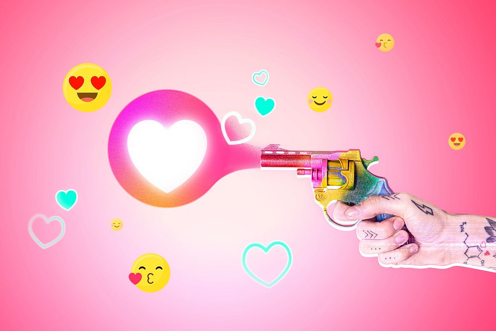 Heart social media reaction person firing colorful gun media mix