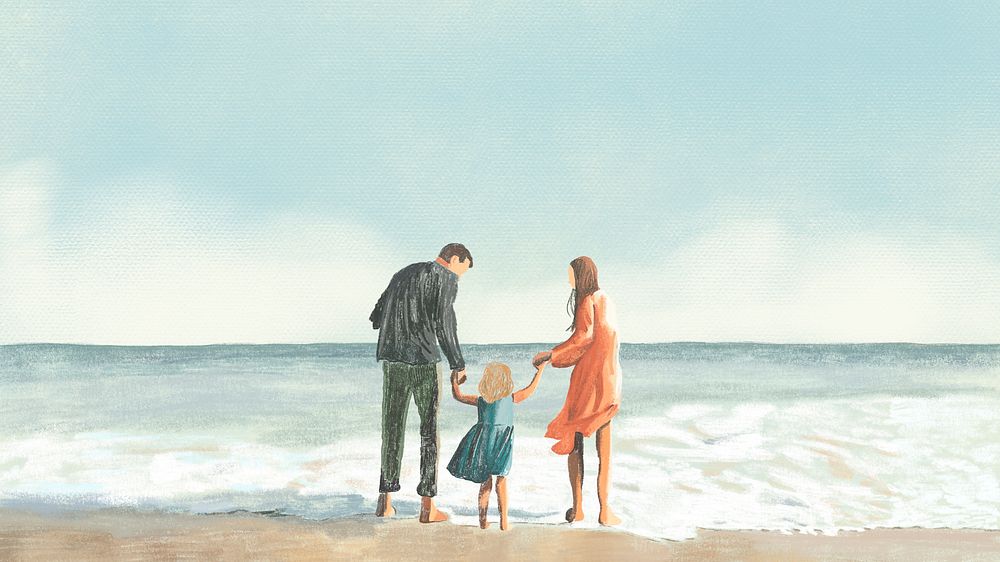 Family at beach wallpaper color pencil illustration