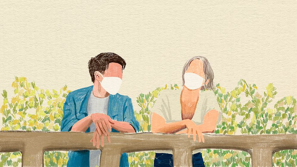 Couple with mask wallpaper vector in the new normal color pencil illustration