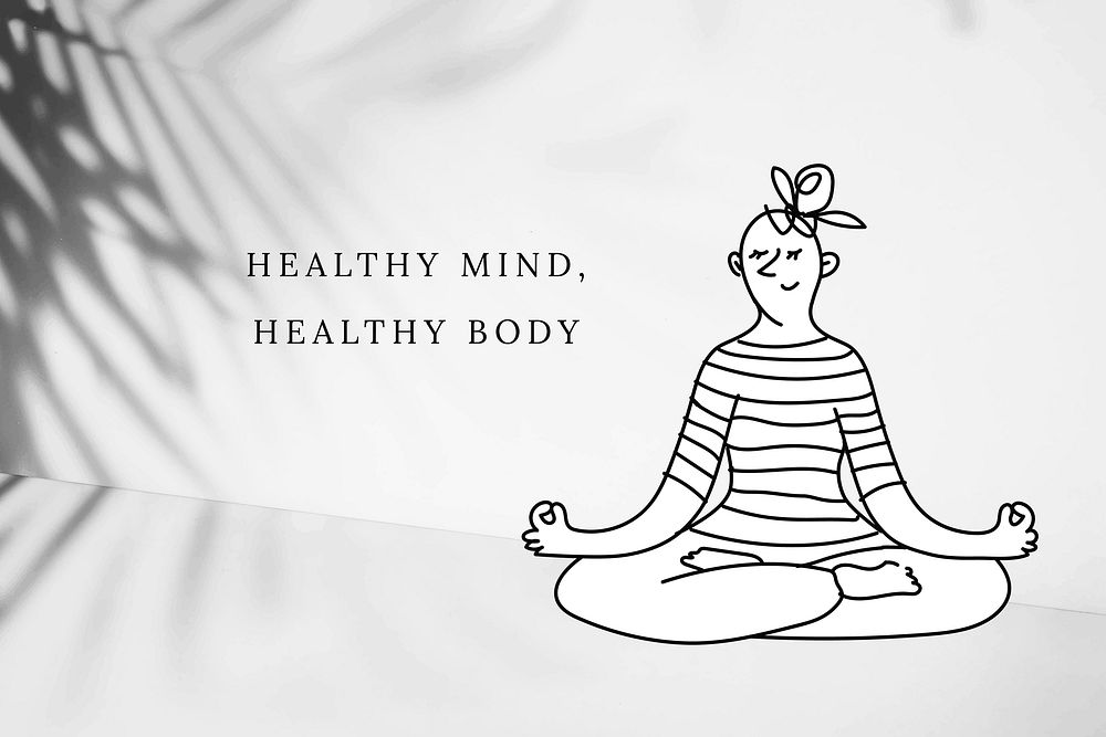 Meditating woman cartoon with positive quote healthy mind healthy body remixed media social banner