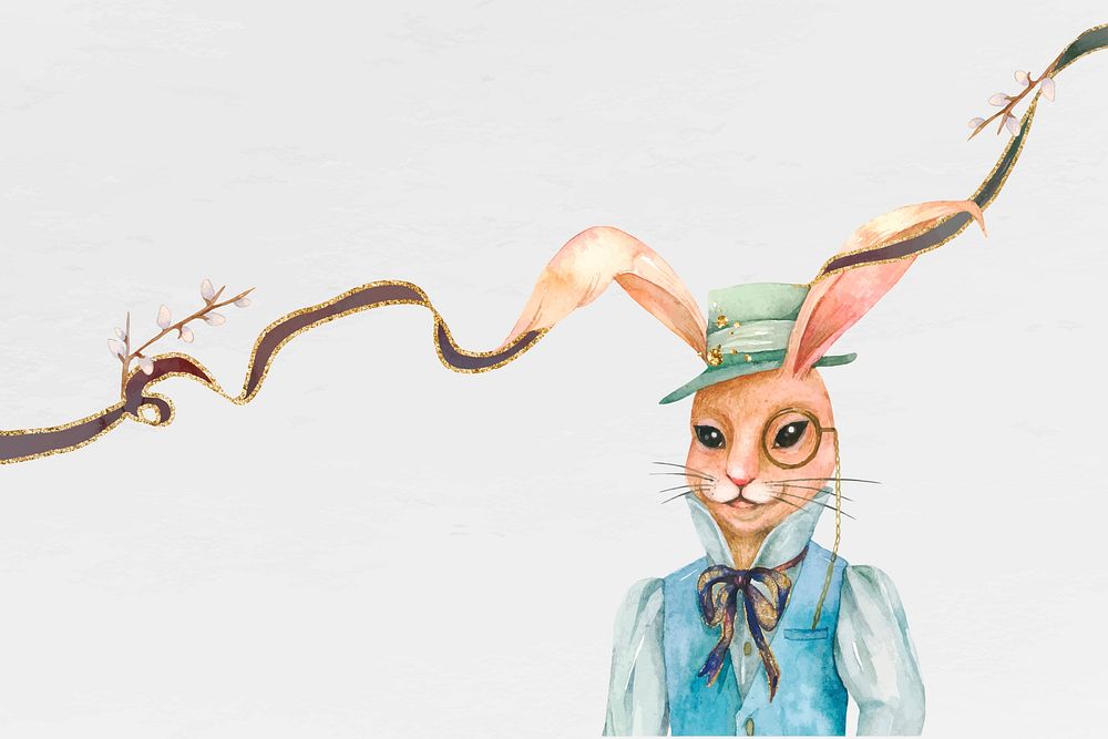 Easter bunny background vector dressed in vintage vest watercolor illustration