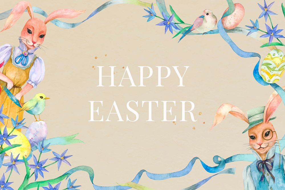 Happy Easter bunny vintage pastel watercolor greeting on brown background