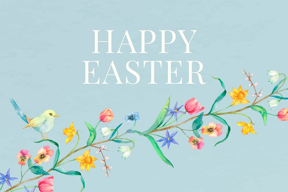 Happy Easter vintage floral watercolor blue greeting banner