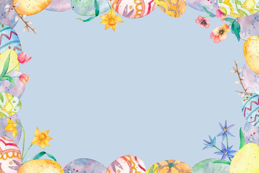 Colorful Easter eggs frame vector on blue background cute watercolor illustration 