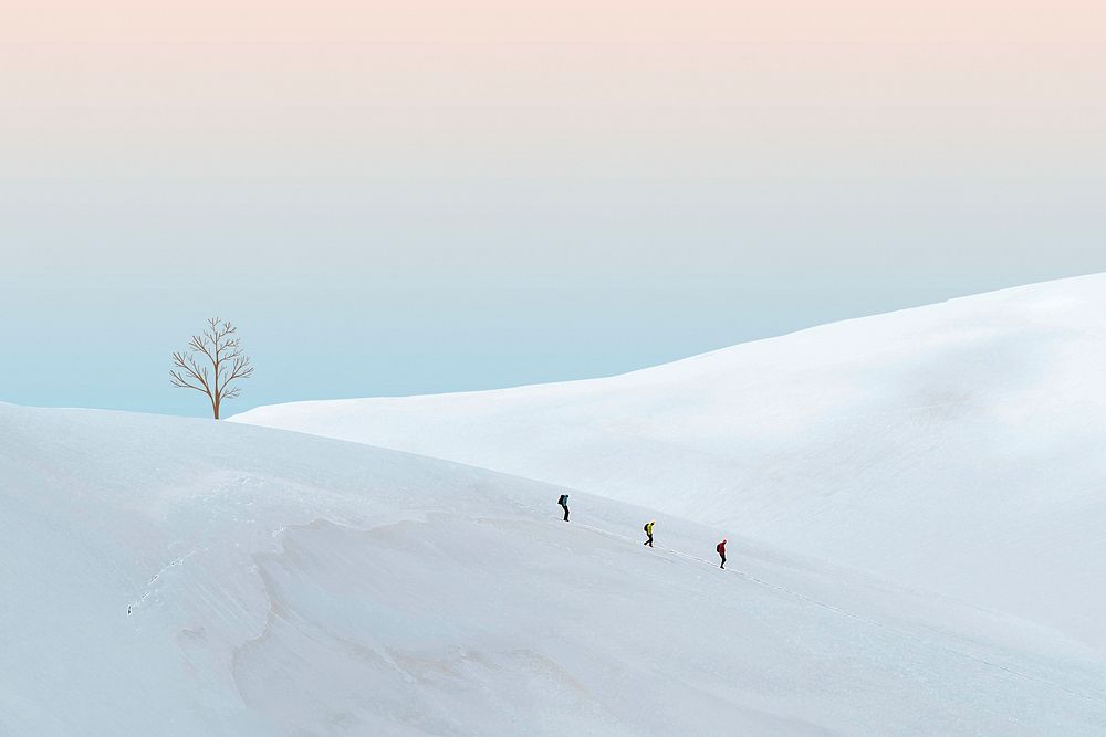 Creative background of minimal winter landscape with people hiking
