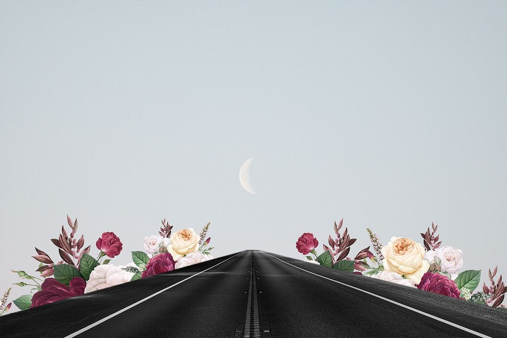Abstract background of road to the moon with flowers mixed media