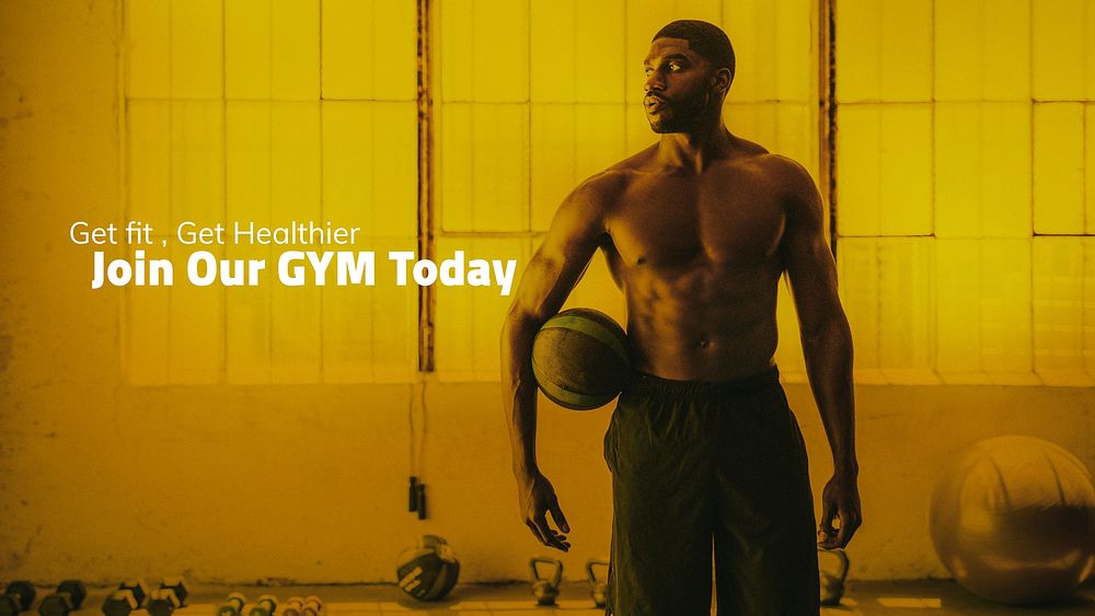Muscular basketball player with join our gym today text