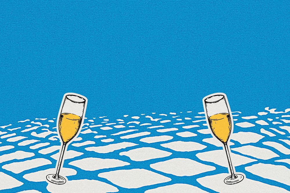 Blue celebration background with champagne glasses in vintage style