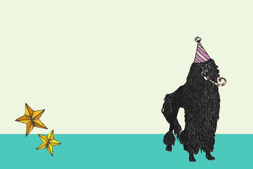 Cute birthday green background psd with vintage poodle dog in party cone hat