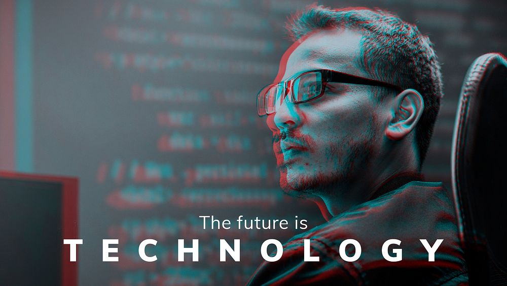 Editable technology banner template vector in double color exposure effect